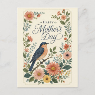 Muttertag Vintage Blaue Vogel Wildblumengarten Feiertagspostkarte