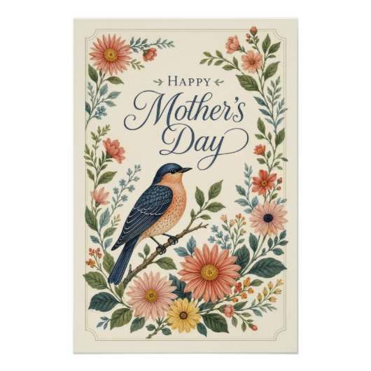 Muttertag Vintage Blaumeise Wildblumengarten Poster (Vorderseite)