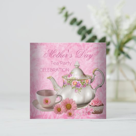 Muttertag Weißrosa Blumenkohl Tee Cupcake Einladung (Stehend Vorderseite)