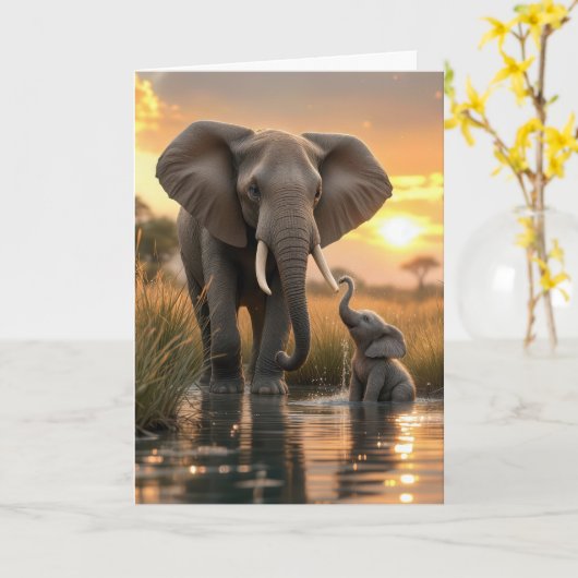 Muttertagelephant mit Baby Karte (Gelbe Blume)