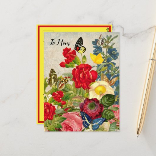 Muttertaggarnelen Rose Schmetterlinge Postkarte (Vorderseite/Rückseite Beispiel)