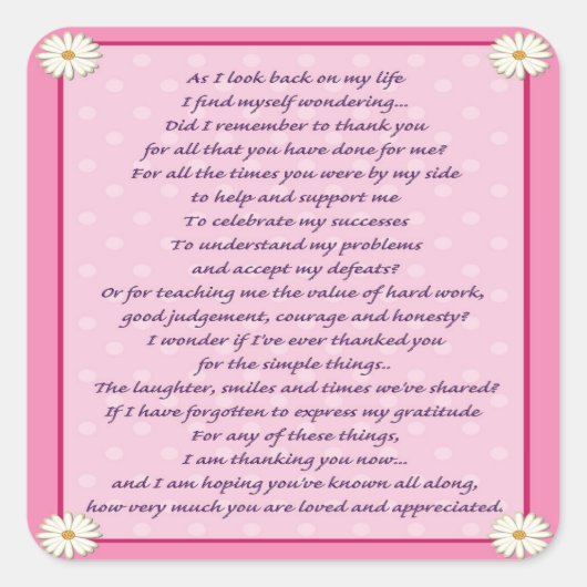 Muttertaggedicht Quadratischer Aufkleber (Vorderseite)