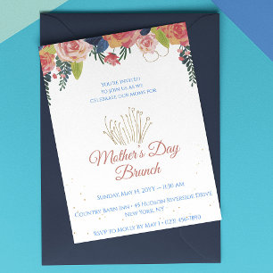 Muttertags-Brunch Floral Navy Blau & Roségold Einladung