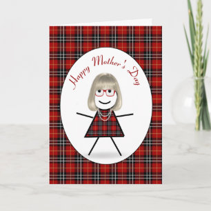 Muttertags-Stick-Girl auf Tartan-Karo Feiertagskarte