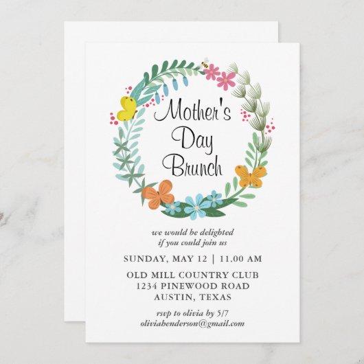 Muttertagsbrunch Blumengarlandkranz Einladung (Vorne/Hinten)