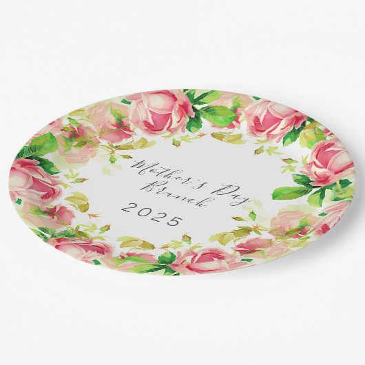 Muttertagsbrunch - rosa Rosen Pappteller (Schrägansicht)