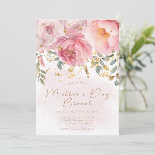 Muttertagsessen | Rosa Blütengold Einladung (Stehend Vorderseite)