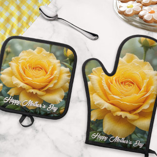 Muttertagsgelbe Blume Rose Elegante Küche Ofenhandschuh & Topflappen-Set