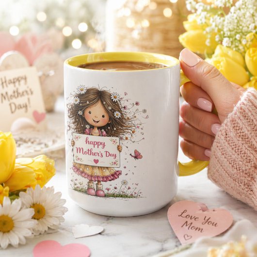 Muttertagskarte mit Kinderillustration & Gänseblüm Tasse