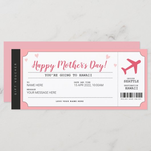 Muttertagsreise Boarding Pass Geschenkgutschein (Vorne/Hinten)