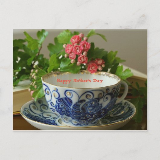 MuttertagTea Cup Kobalt-Blume Feiertagspostkarte (Vorderseite)