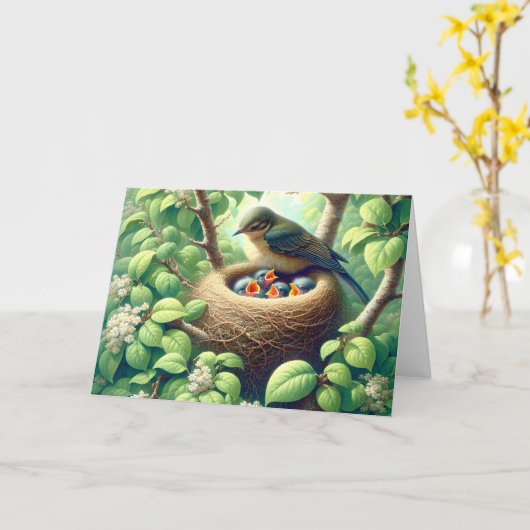 Muttervogel mit Fledglings im Nest Karte (Gelbe Blume)
