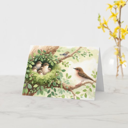 Muttervögel mit Nestbabys Karte (Gelbe Blume)