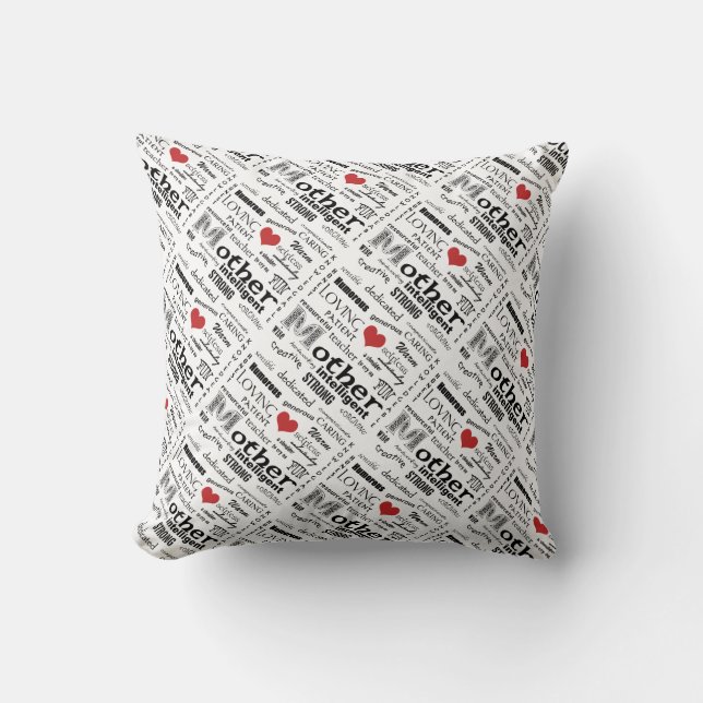 MutterWord Cloud-Attribute+Rotes Herz Kissen (Vorderseite)