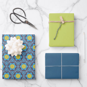 MVB Retro Blue-Muster mit gelber Blume Geschenkpapier Set