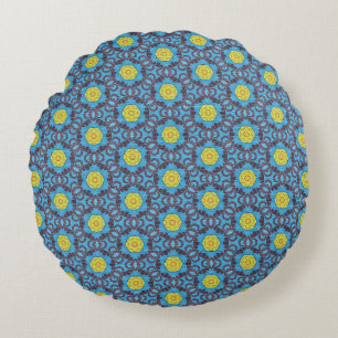 MVB Retro Blue-Muster mit gelber Blume Rundes Kissen