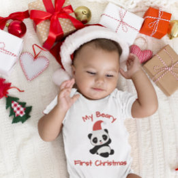 My Beary First Christmas – Panda with Santa Hat Baby Strampler