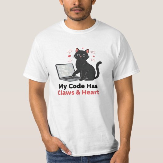 My Code Has Claws & Heart Black Cat Web Developer T-Shirt (Vorderseite)
