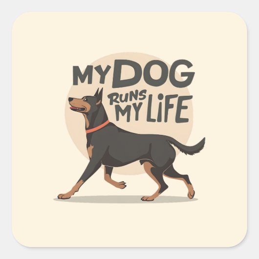 My Dog Runs My Life Doberman Running Art Quadratischer Aufkleber (Vorderseite)