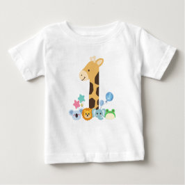 My First Birthday. Giraffe and Happy Animals Desig Baby T-shirt