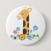 My First Birthday. Giraffe and Happy Animals Desig Button (Vorderseite)