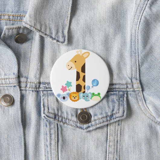 My First Birthday. Giraffe and Happy Animals Desig Button (Beispiel)