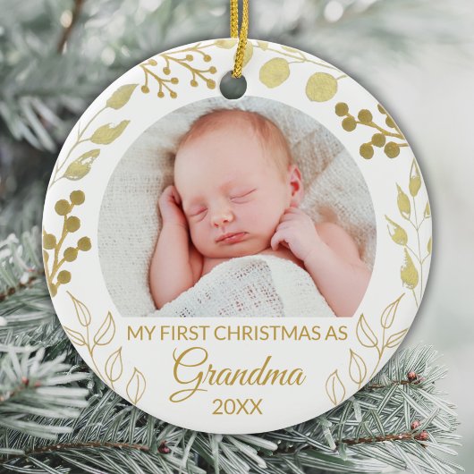My First Christmas As Grandma Gold Foliage Photo Keramik Ornament