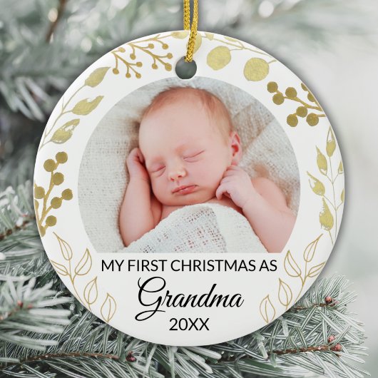 My First Christmas As Grandma Photo Gold Foliage Keramik Ornament