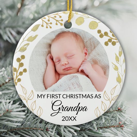My First Christmas As Grandpa Photo Gold Foliage Keramik Ornament