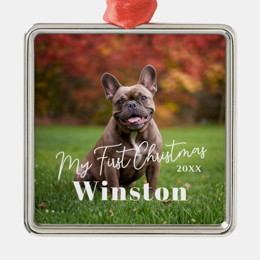 My First Christmas Custom Pet Name Photo Ornament Aus Metall (Vorne)