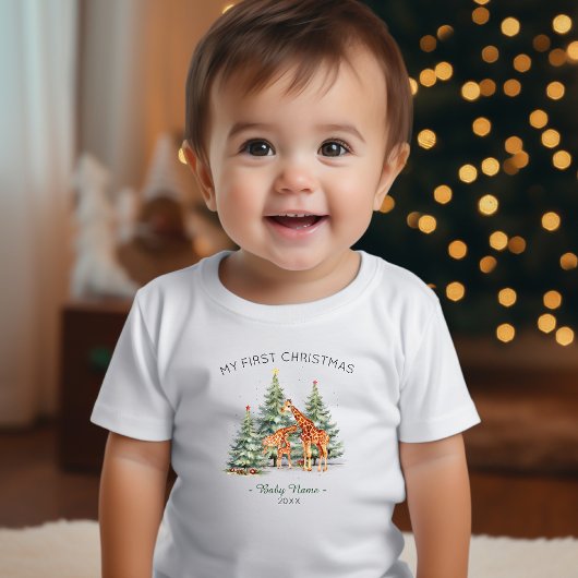 My first Christmas Name Year Cute Giraffe Baby T-shirt