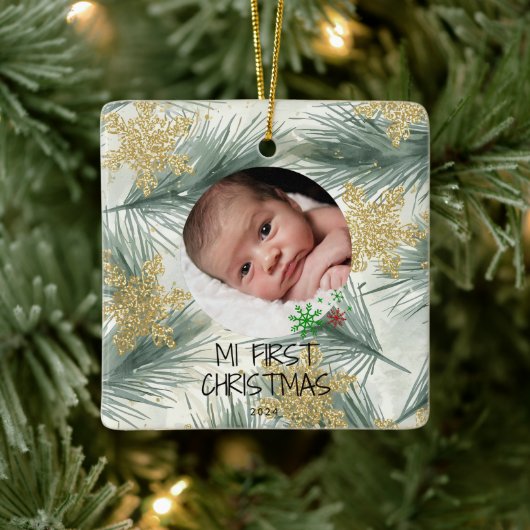 My First Christmas – Personalized Baby Photo Keramikornament (Baum)