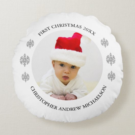 My First Christmas Personalized Baby Photo Rundes Kissen (Vorderseite)