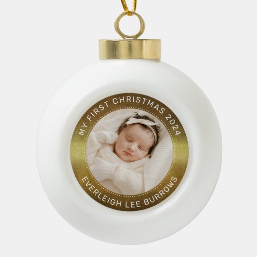 My First Christmas White Personalized Baby Photo Keramik Kugel-Ornament (Vorderseite)