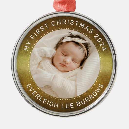 My First Christmas White Personalized Baby Photo Ornament Aus Metall (Vorne)