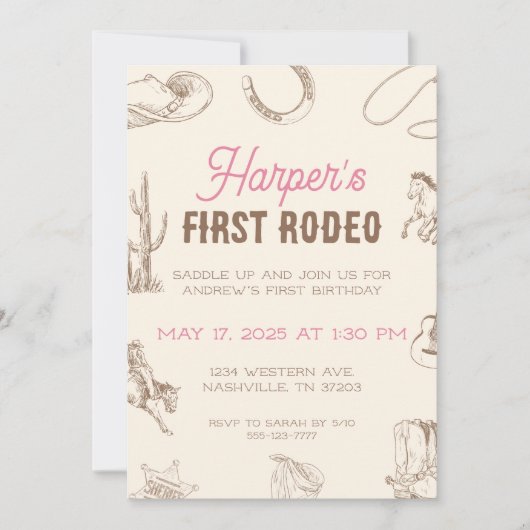 My First Rodeo 1st Birthday Invitation Pink Girl Einladung (Vorderseite)