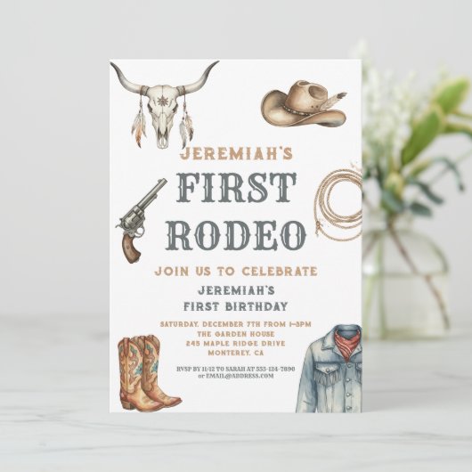 My First Rodeo Cowboy 1st Birthday Einladung (Stehend Vorderseite)