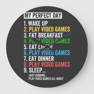 My Perfect Day Video Games T - Shirt Funny Cool Ga Große Wanduhr