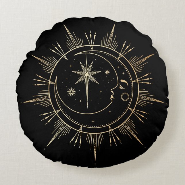 My Sun and Moon Celestis Imitate Gold Black Rundes Kissen (Vorderseite)