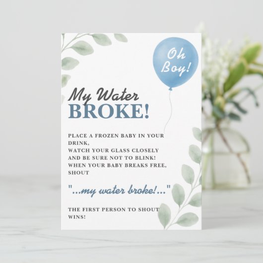 My Water Broke Baby Shower Game Balloon Eucalyptus Einladung (Stehend Vorderseite)