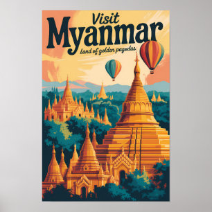 Myanmar Pagoden Illustration Reise Kunst Vintage Poster
