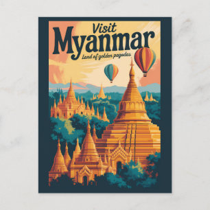 Myanmar Pagoden Illustration Reise Kunst Vintage Postkarte