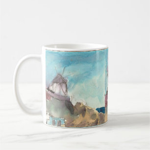 Mykonos berühmte Windmühlen auf einer Schale Kaffeetasse