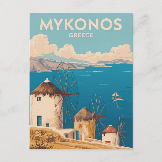 Mykonos Greece Illustration Travel Art Vintage Postkarte (Vorderseite)