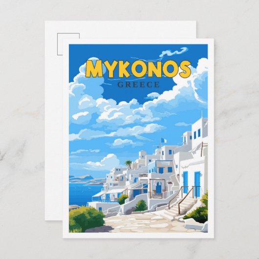Mykonos Greece Vintage Reise Illustration Postkarte (Vorne/Hinten)