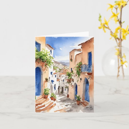 Mykonos Greece Watercolor Karte (Gelbe Blume)