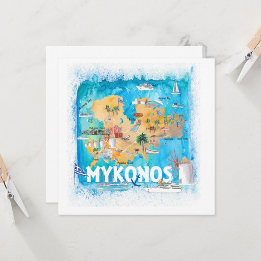 Mykonos Griechenland Illustriert Karte mit Sehensw (Vorderseite/Rückseite Beispiel)