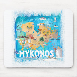 Mykonos Griechenland Illustriert Karte mit Sehensw Mousepad