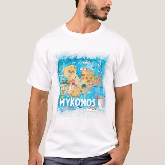 Mykonos Griechenland Illustrierte Karte mit Sehens T-Shirt (Vorderseite)