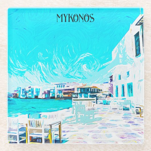 Mykonos Griechenland Ölpaint Illustration des Ägäi Glasuntersetzer (Vorderseite)